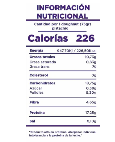 Alasature Protein Doughnuts 8 x 75g nahrwertangaben 226 kalorien, 18,75g Kohlenhydrathe, 17,25g Proteine 0,1g salz je 75 gramm
