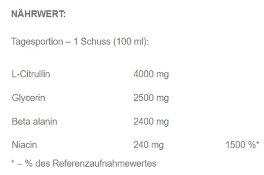naehrwertangaben von Activlab Black Gorilla Ice Pump Shot 4000mg l-citrullin, glycerin 2500mg, beta alanin, 2400mg, niacin 240mg (1500 Prozent des referenzaufnahmewertes)