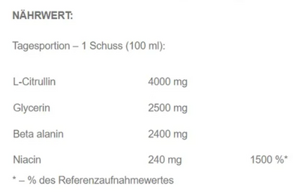 naehrwertangaben von Activlab Black Gorilla Ice Pump Shot 4000mg l-citrullin, glycerin 2500mg, beta alanin, 2400mg, niacin 240mg (1500 Prozent des referenzaufnahmewertes)