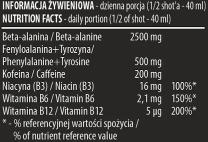 Activlab Black Wolf Shot Preworkout Nährwertangaben, 2500 mg beta alanin, tyrosine 500mg koffein 200 mg, niacin 16 mg, vitaminb8 2,1mg,