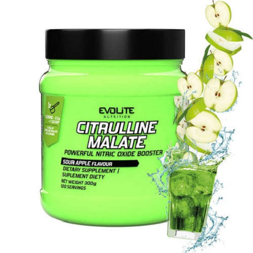 Produktbild vom Nahrungsergänzungsmittel der Firma Evolite Nutrition mit der Bezeichnung Citrulline Malate und 300 Gramm Inhalt in der Geschmacksrichtung Sour Apple