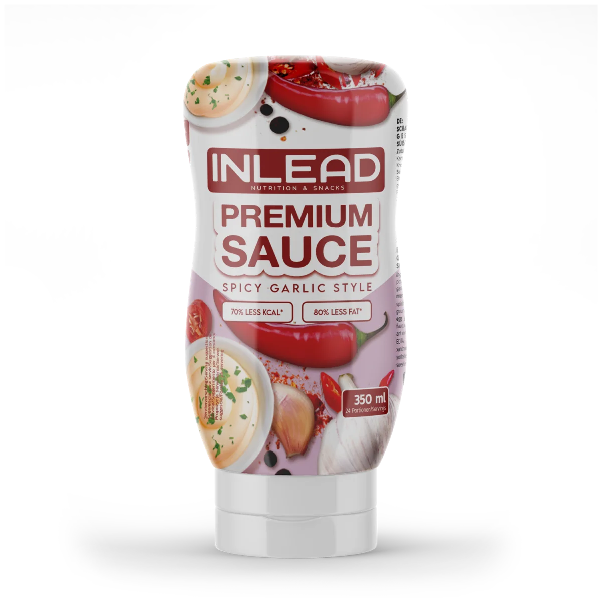 Produktbild der kolrienarmen sauce von inlead - Die Premium sauce mit 350ml Inhalt und der Geschmacksrichtung spicy garlic
