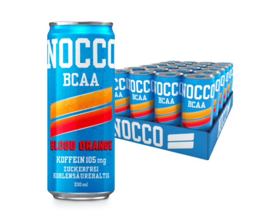 nocco bcaa drink geschmacksrichtung blutorange mit 105g koffein, zuckerfrei und kohlensaeurehaltig mit 330 milliliter inhalt