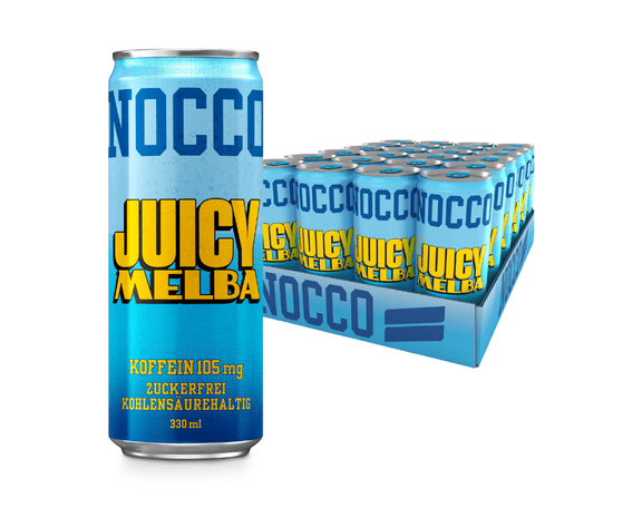 nocco bcaa drink geschmacksrichtung juicy melba mit 105g koffein, zuckerfrei und kohlensaurehaltig mit 330 milliliter inhalt