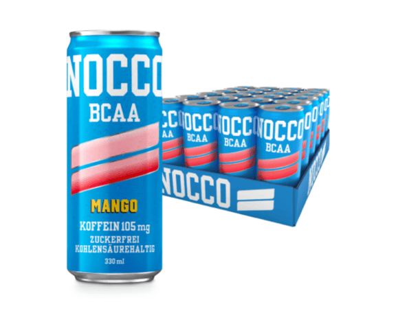 nocco bcaa drink geschmacksrichtung mango del sol mit 105g koffein, zuckerfrei und kohlensaurehaltig mit 330 milliliter inhalt