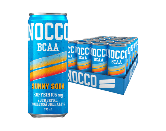 nocco bcaa drink geschmacksrichtung sunny soda mit 105g koffein, zuckerfrei und kohlensaurehaltig mit 330 milliliter inhalt