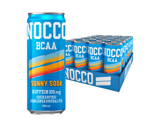 nocco bcaa drink geschmacksrichtung sunny soda mit 105g koffein, zuckerfrei und kohlensaurehaltig mit 330 milliliter inhalt