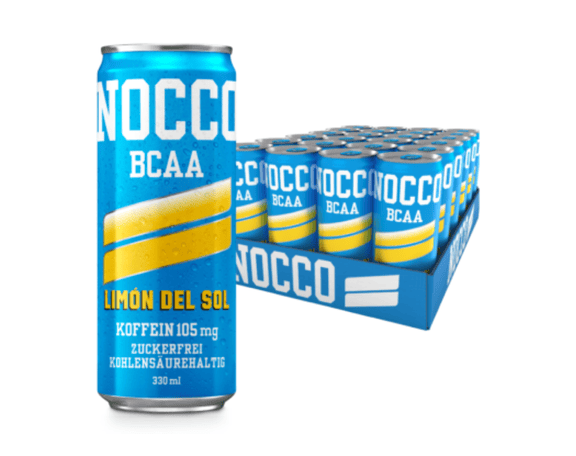 nocco bcaa drink geschmacksrichtung limon del sol mit 105g koffein, zuckerfrei und kohlensaurehaltig mit 330 milliliter inhalt