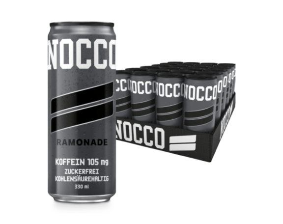 nocco bcaa drink geschmacksrichtung ramonade mit 105g koffein, zuckerfrei und kohlensaurehaltig mit 330 milliliter inhalt