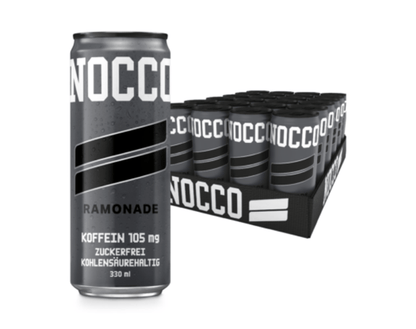 nocco bcaa drink geschmacksrichtung ramonade mit 105g koffein, zuckerfrei und kohlensaurehaltig mit 330 milliliter inhalt